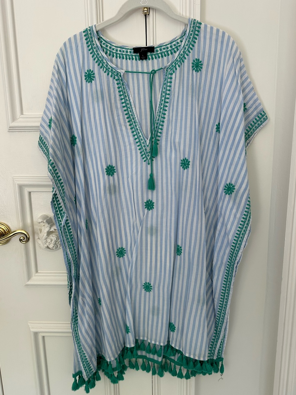 J. Crew Light Blue & Green Striped Embroidered women’s beach coverup